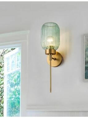 Brass Wall Lantern with Green Ribbed Glass Shade